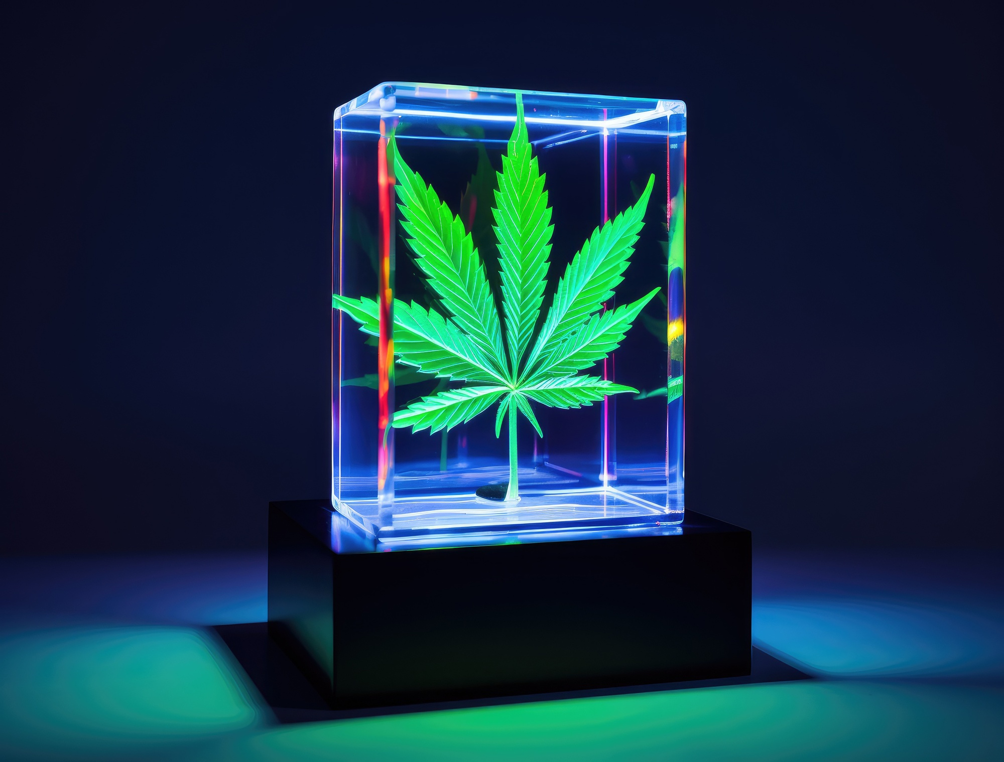 exotic thca marijuana leaf glowing in a clear case