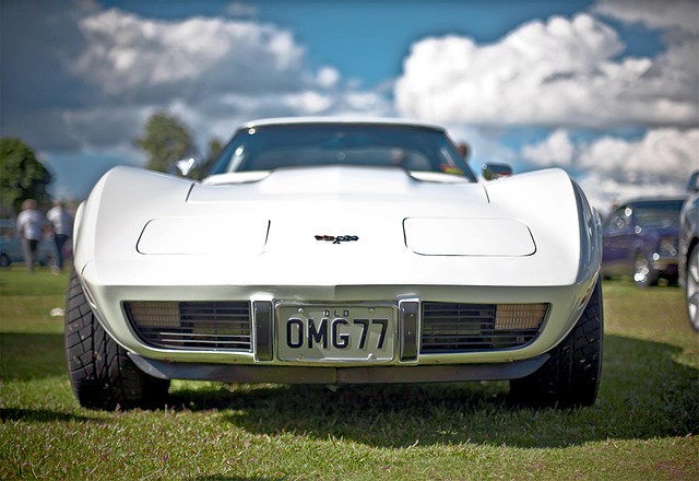Front view of a classic white Corvette sports car