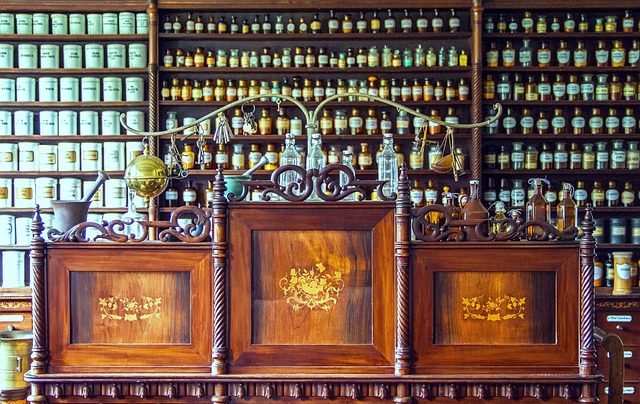 An old vintage apothecary with a balance scale and medicine jars