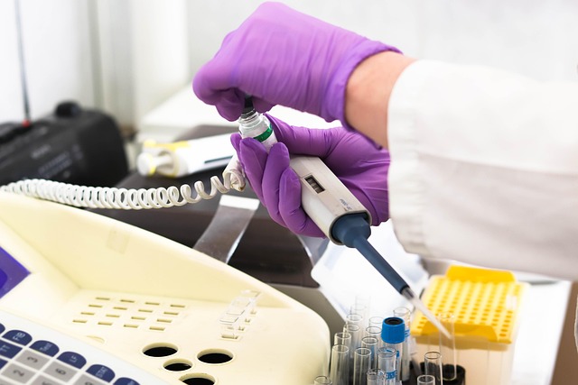 Gloved hands using a pipette in a laboratory setting