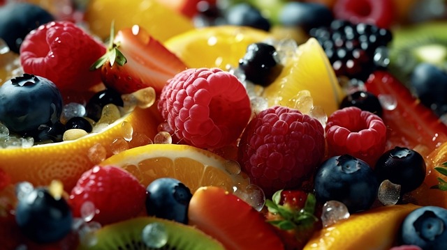 A colorful variety of fresh berries and sliced citrus fruits